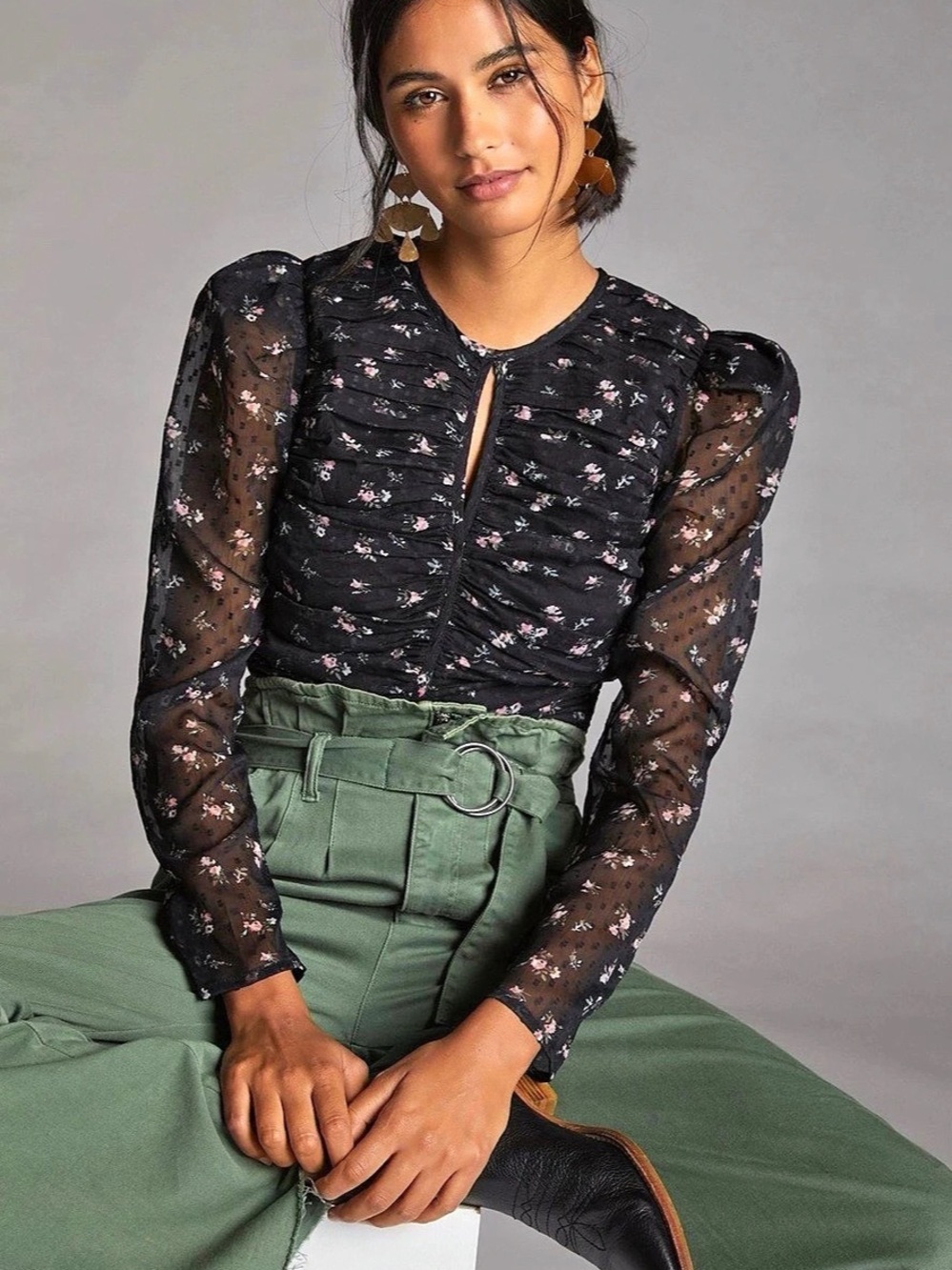 Anthropologie Petal & Pup Floral Ruched Blouse in Black & Pink Size Small NWT